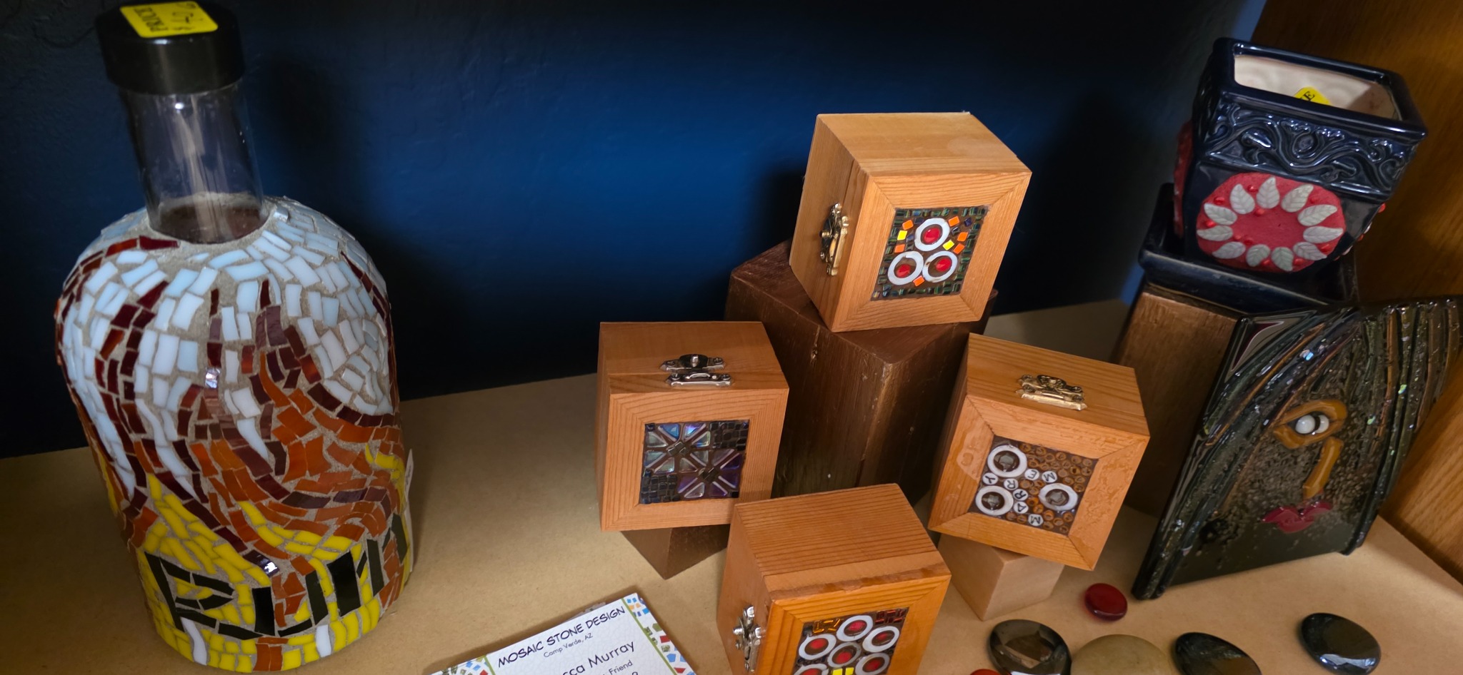 Rebecca's mosaic-covered vessels and handcrafted keepsake boxes